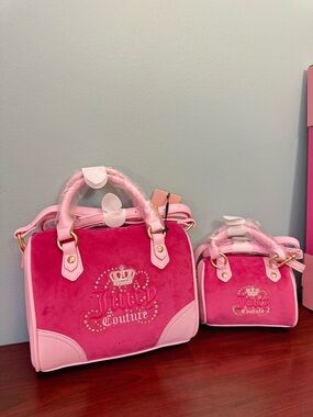Juicy Couture Hot Pink Velvet Satchel Duo with Light Pink Trim